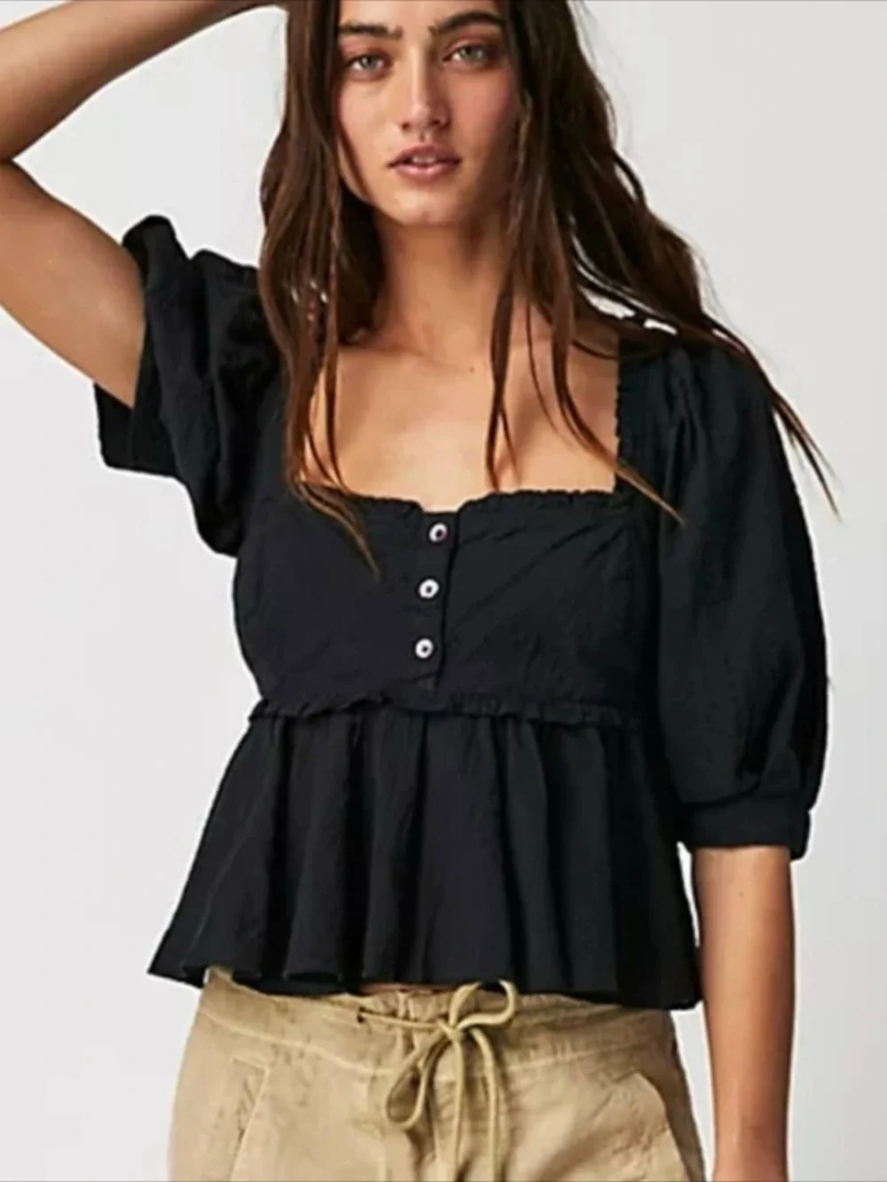 Free People Black Peplum Puff-Sleeve Button-Front Top