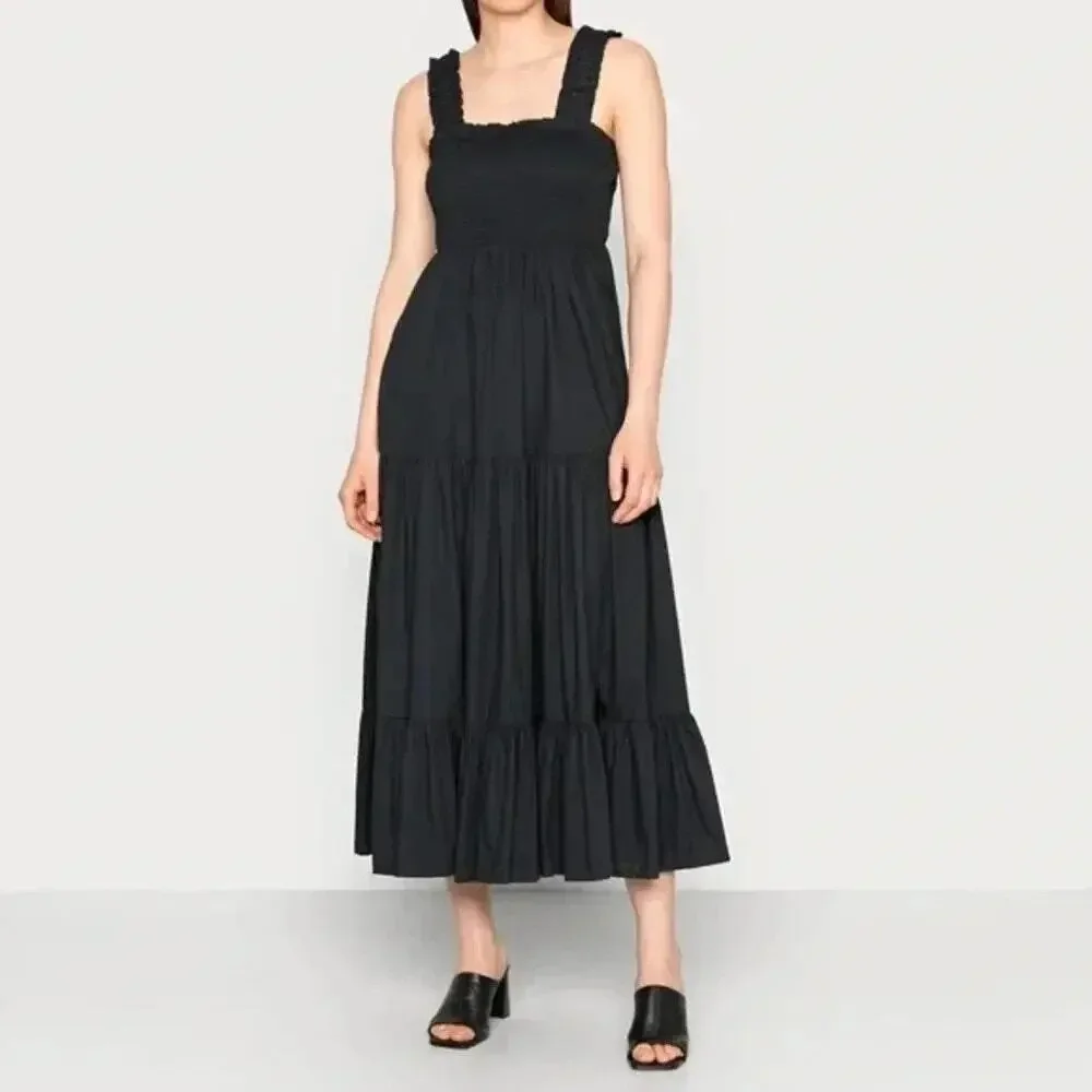 Abercrombie & Fitch Smocked Tiered Maxi Dress Size XLP Black Boho Summer Cottage