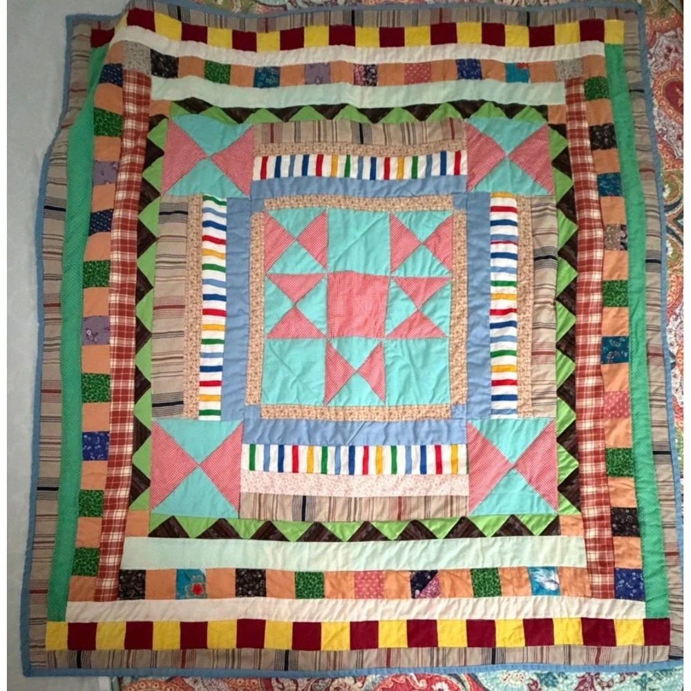Handmade Patchwork Star Block Quilt 52x56 Throw Blanket Cottage Farmhouse Folk