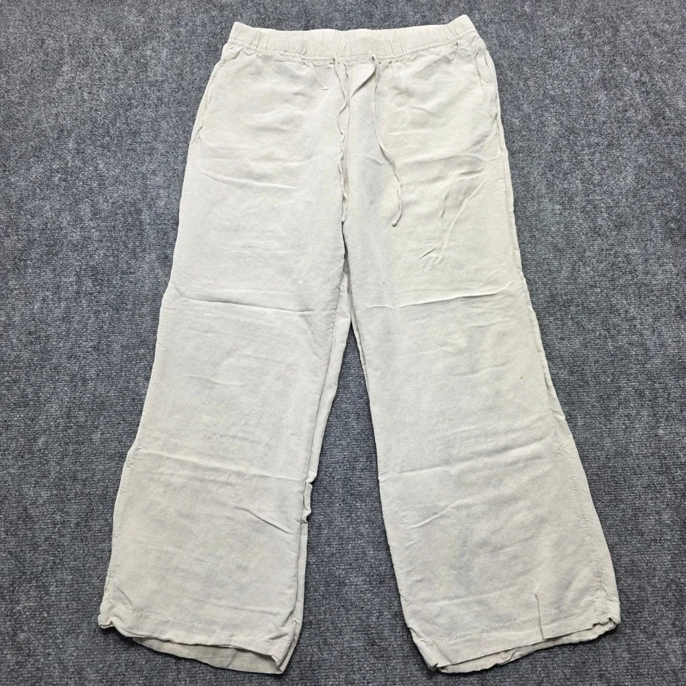HM Linen Blend Wide Leg Drawstring Pants Beige Oatmeal Melange Large Women's