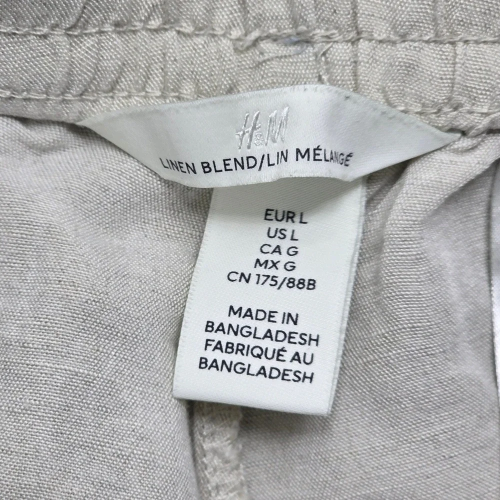 HM Linen Blend Wide Leg Drawstring Pants Beige Oatmeal Melange Large Women's