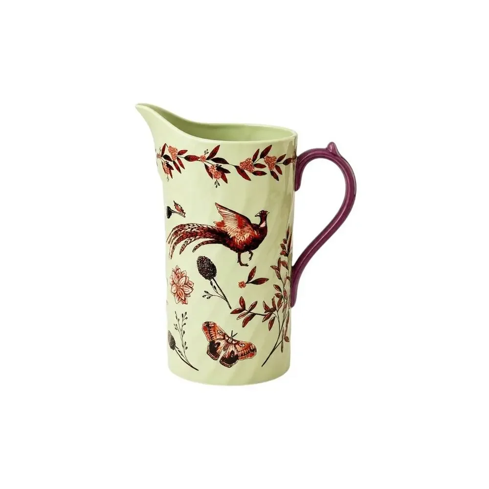 Anthropologie Elin Pitcher Handpainted Stoneware Pheasant Floral 18.5