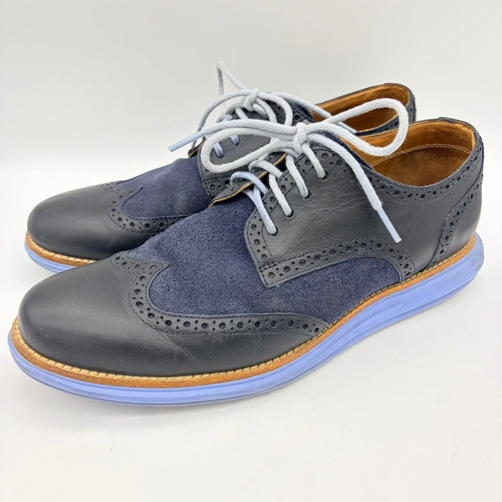 Cole Haan LunarGrand Navy Leather Suede Wingtip Oxfords M9 Blokecore Tech Soles
