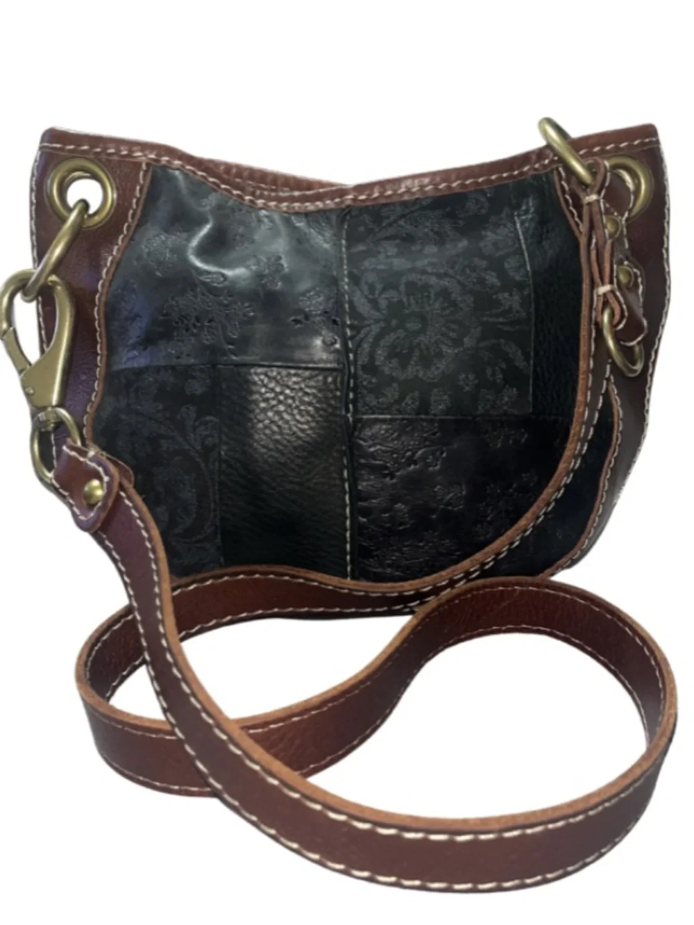 Vintage Fossil Patchwork Tooled Leather Hobo Bag - Excellent Condition