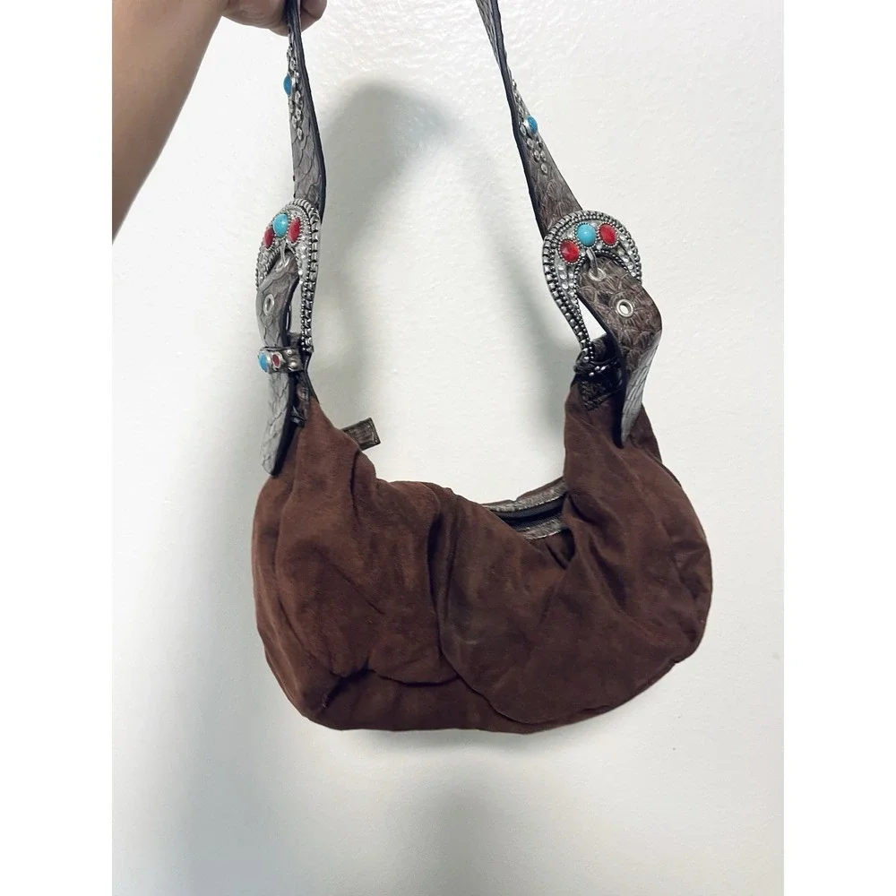 Western Brown Suede Hobo Purse Turquoise Concho Cowgirl Boho Shoulder Bag Y2K