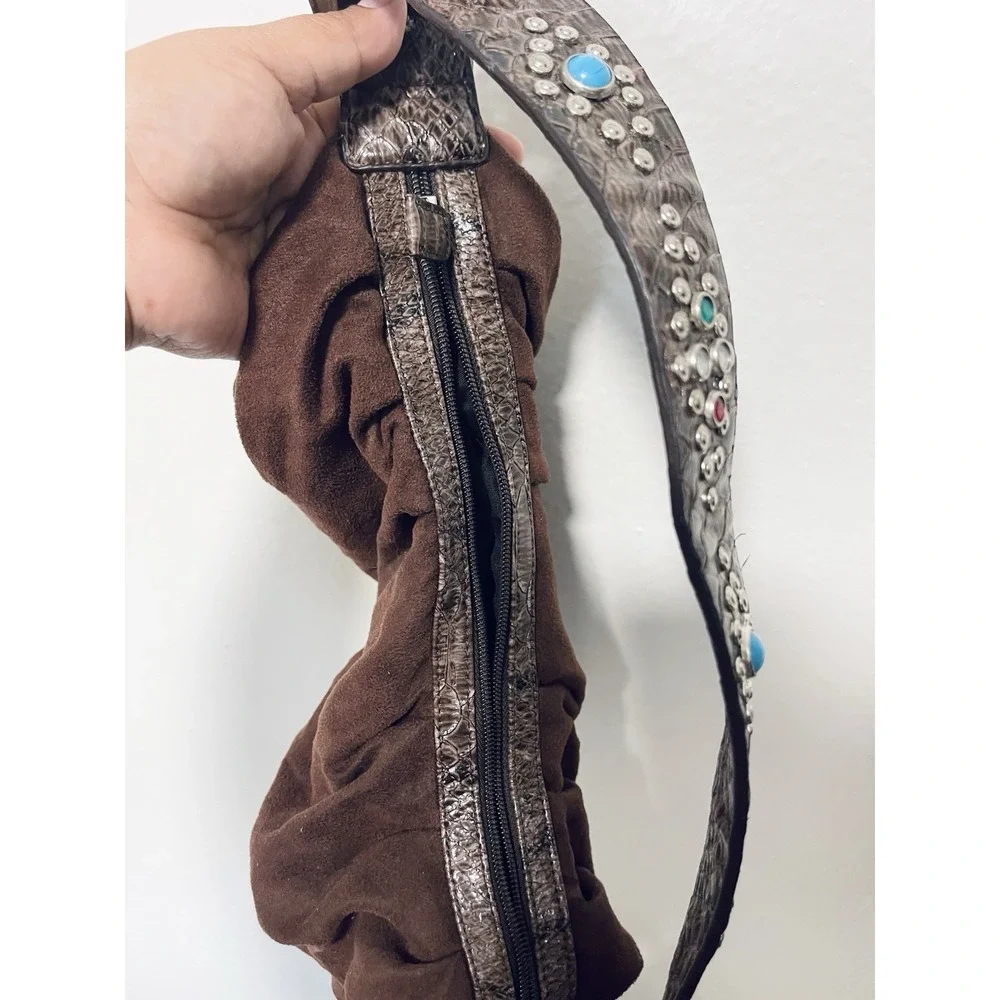 Western Brown Suede Hobo Purse Turquoise Concho Cowgirl Boho Shoulder Bag Y2K