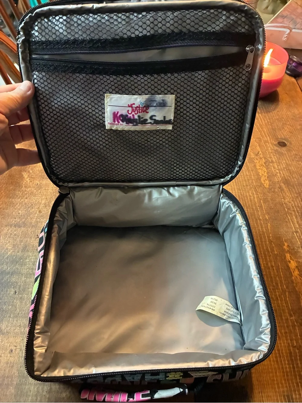 Justice Black lunch bag with Pastel Rainbow Text
