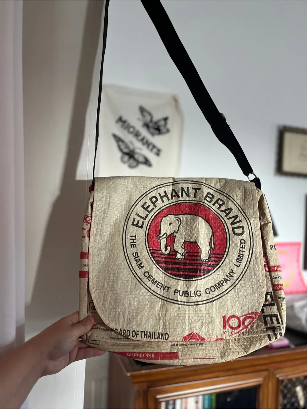 Upcycled Elephant Brand Cement Messenger Bag Handmade in Cambodia Malia Designs