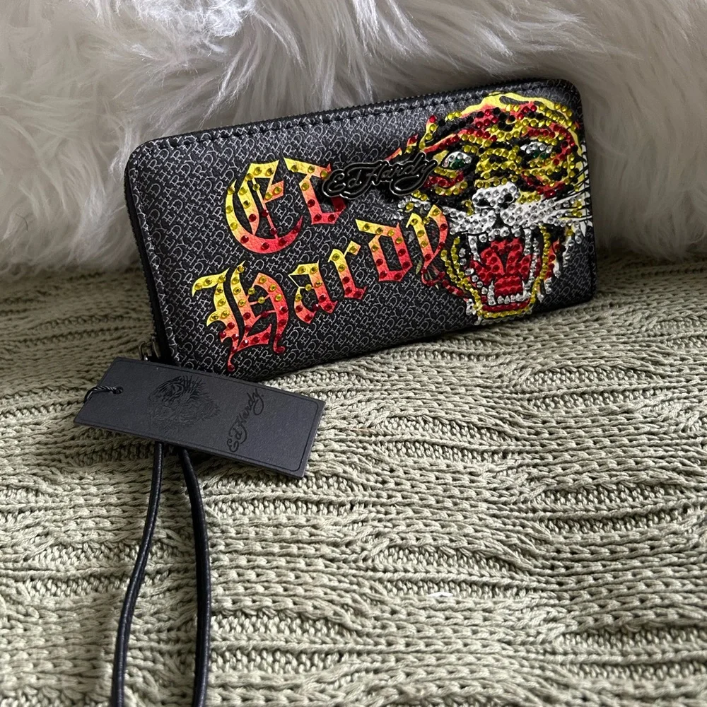 NWT Ed Hardy Tiger Black Wallet with Red, Yellow & White Studded Tiger, Size Lg