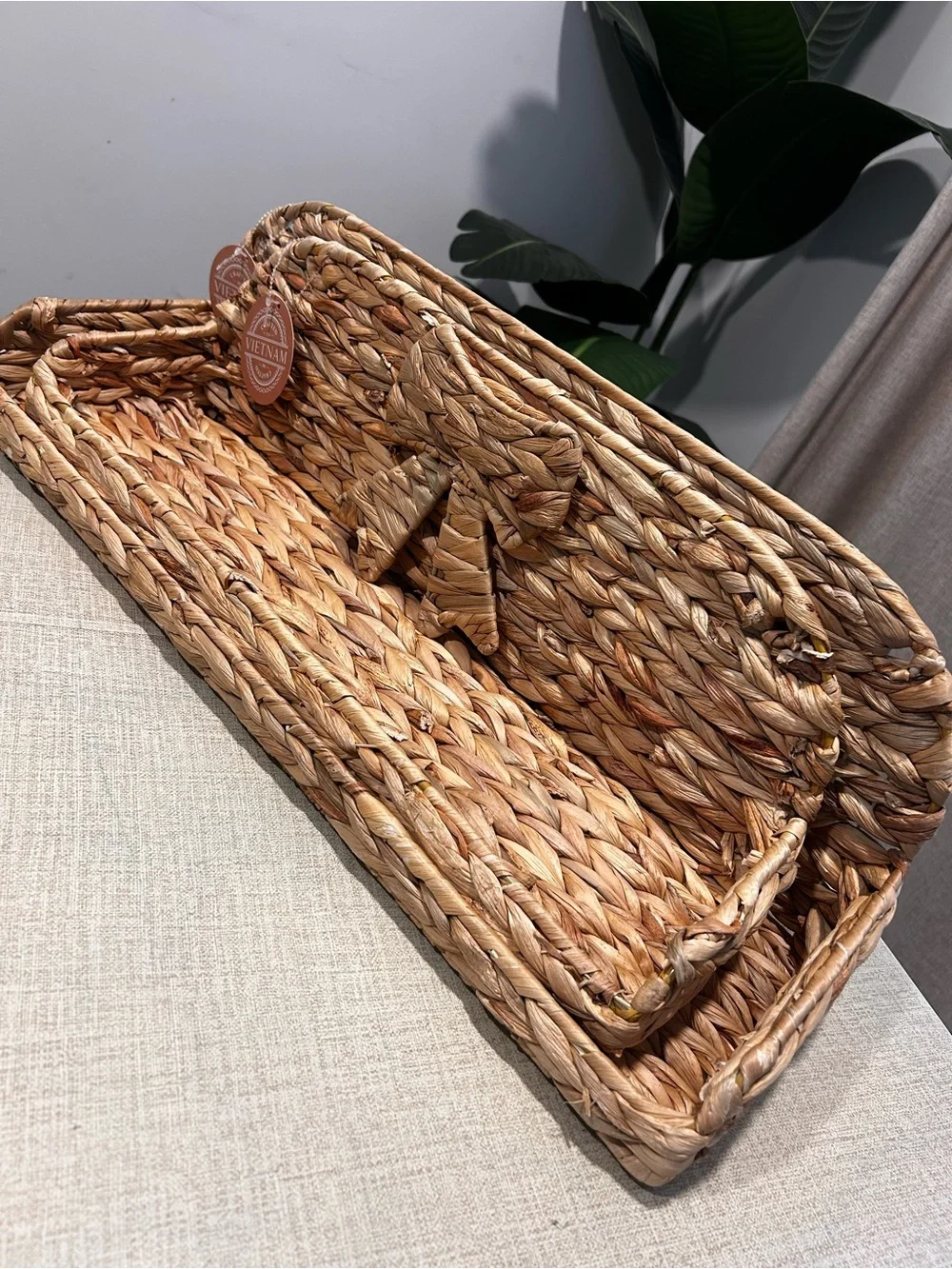 Set of 2 Woven Water Hyacinth Floating Shelves with Bow Accent Boho Wall Decor