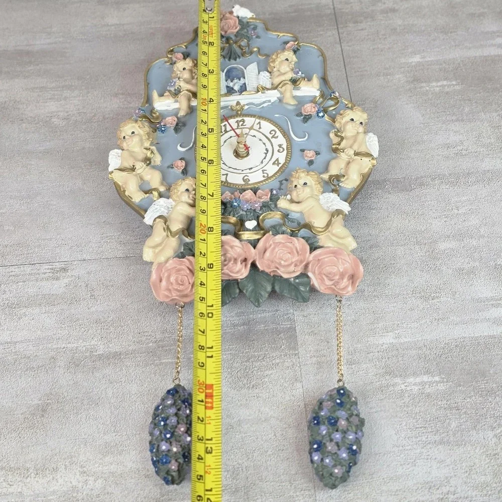 Vintage 3D Cherub Angel Cupid & Roses Hanging Chime Musical Wall Clock Works!