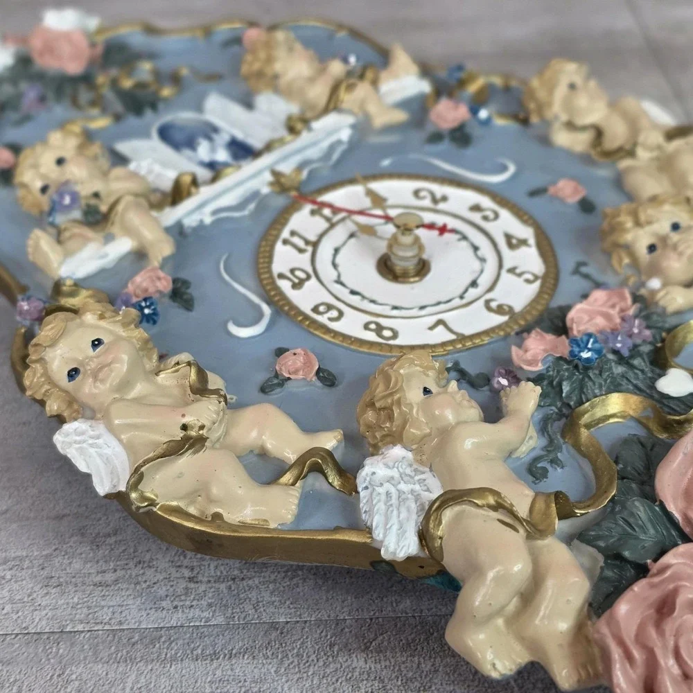 Vintage 3D Cherub Angel Cupid & Roses Hanging Chime Musical Wall Clock Works!