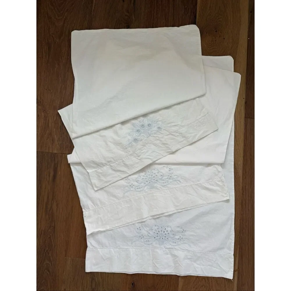 3 Vintage Queen Size Pillowcases Blue Embroidered Hemstitch