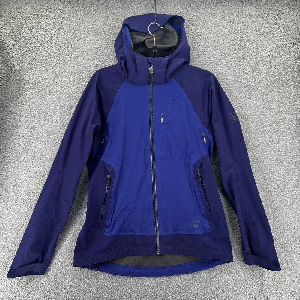 REI Windbreaker Rain Jacket Womens M Blue Hood Elements‎ Stretch Tribal Journey