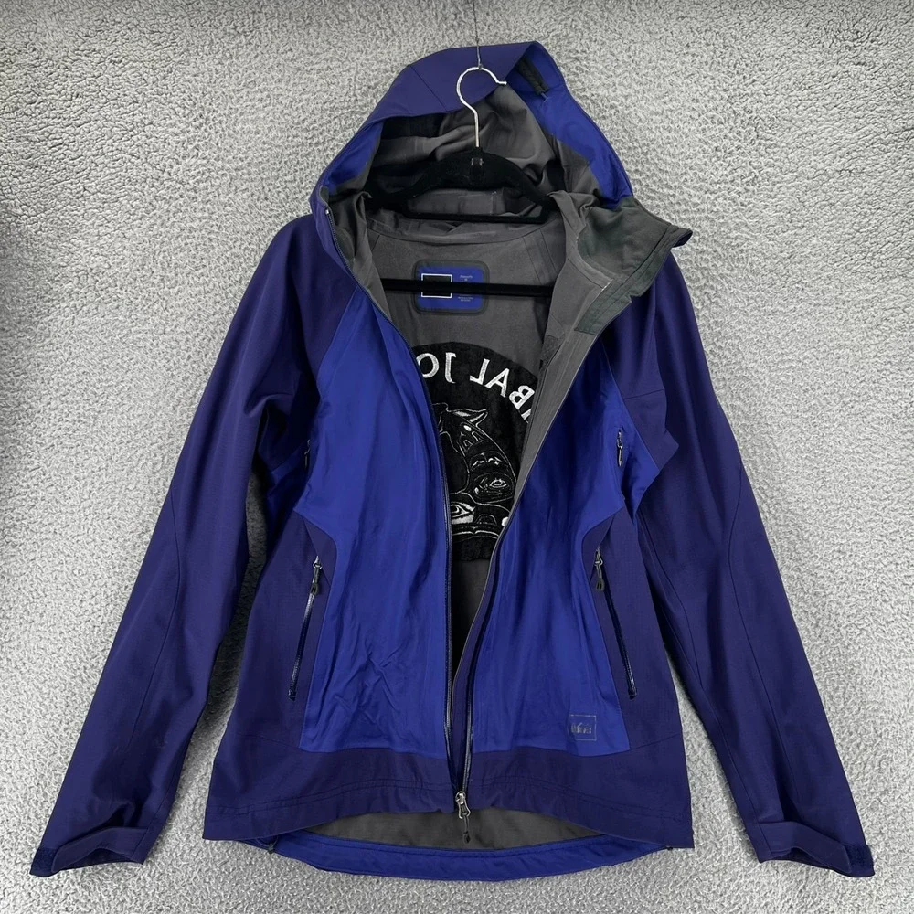 REI Windbreaker Rain Jacket Womens M Blue Hood Elements‎ Stretch Tribal Journey