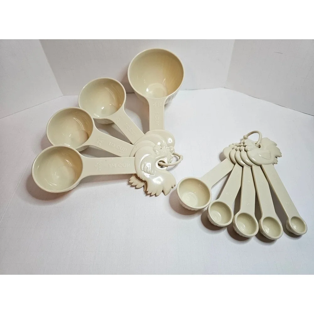 Vintage Paula Deen Cream Color Rooster Measuring Cups & Spoons Set‎ 9pc  Plastic