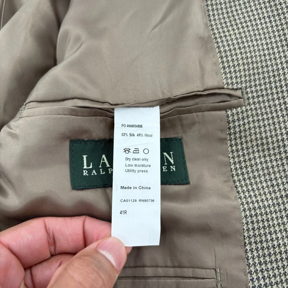 Lauren Ralph Lauren Blazer Mens 41R Brown Houndstooth Silk Wool Blend Sport Coat