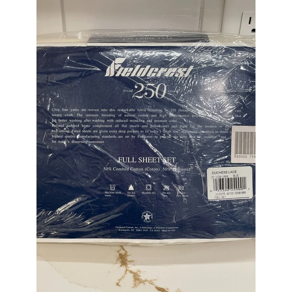 Vintage Fieldcrest Full‎ Sheet Set Fitted Flat 2 Pillowcases White Blue Eyelet