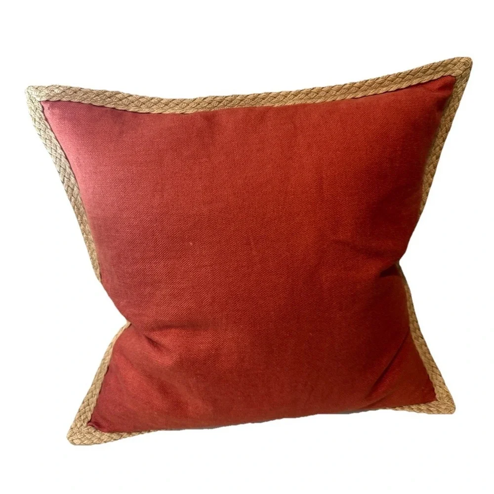2x Pottery Barn 20x20 Linen Pillows Coral Terracotta Unique Sage Jute Trim Zip