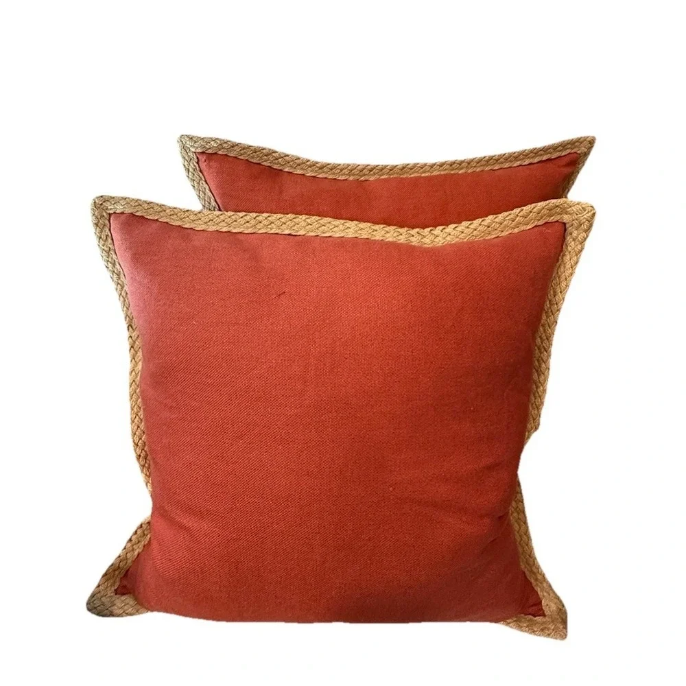 2x Pottery Barn 20x20 Linen Pillows Coral Terracotta Unique Sage Jute Trim Zip