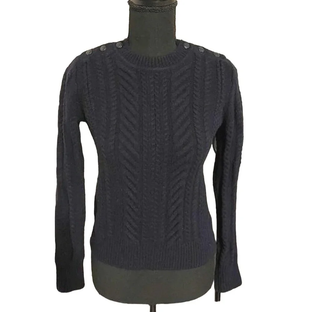 J. Crew Navy Blue Cable Knit Fisherman Sweater 100% Wool Womens Size‎ XXS