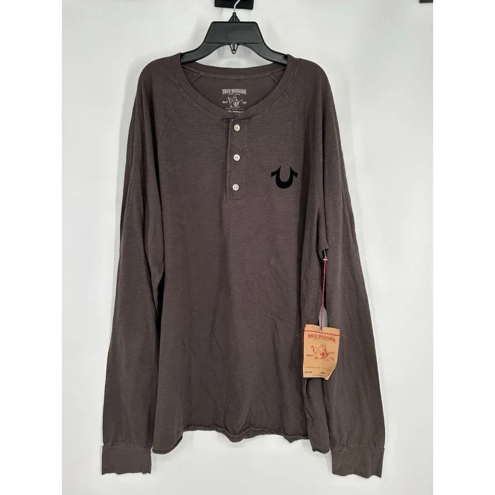 True Religion Flocked Horseshoe Slub Henley Long Sleeve Charcoal Mens 3XL XXXL‎
