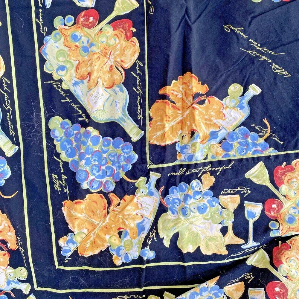 Vintage APRIL CORNELL Tablecloth Black & Multicolor Wine Vineyard Cotton Picnic
