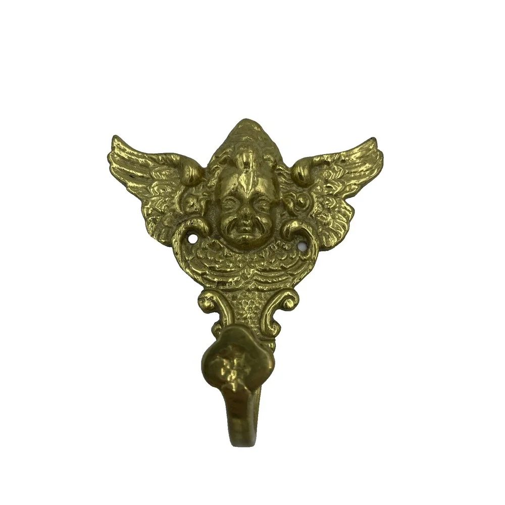 Vtg Solid Brass Angel Cherub Decorative‎ Wall Hanger Robe Towel Hat Key Hook