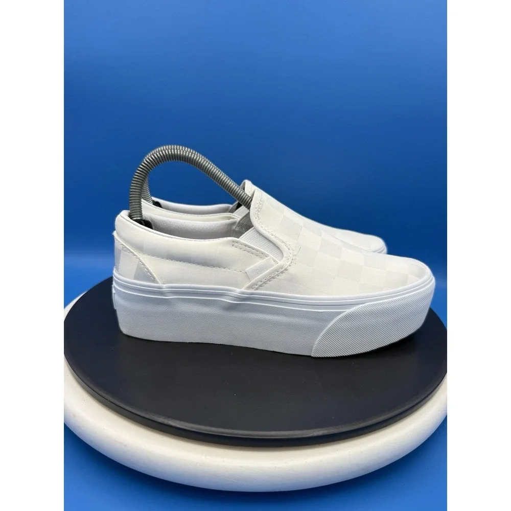 Vans Classic Slip On Stackform Checkerboard Women 7.5 White Ivory Platform Shoes