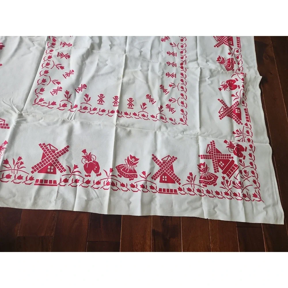 Vtg cotton printed tablecloth red dutch girl boy windmill tulip floral 47 x 46.5