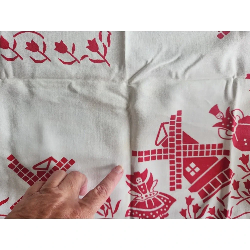 Vtg cotton printed tablecloth red dutch girl boy windmill tulip floral 47 x 46.5