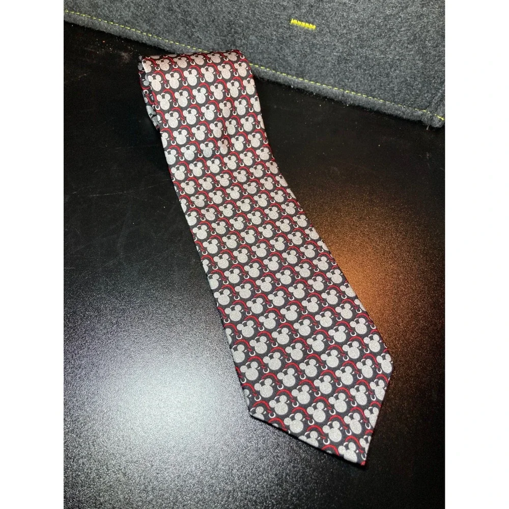 Disney Store Mickey Mouse Silk Tie Mens‎ Black Grey Red Hand Made RN 73469