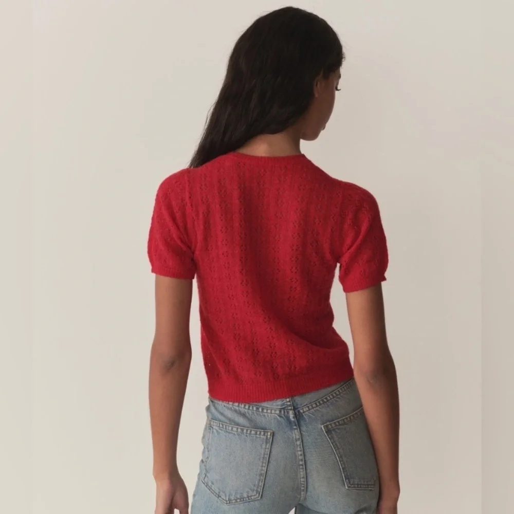 Doen Monica Alpaca Wool Pointelle Short Sleeeve Crew Neck Sweater Top Cherry Red