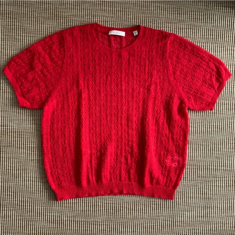 Doen Monica Alpaca Wool Pointelle Short Sleeeve Crew Neck Sweater Top Cherry Red