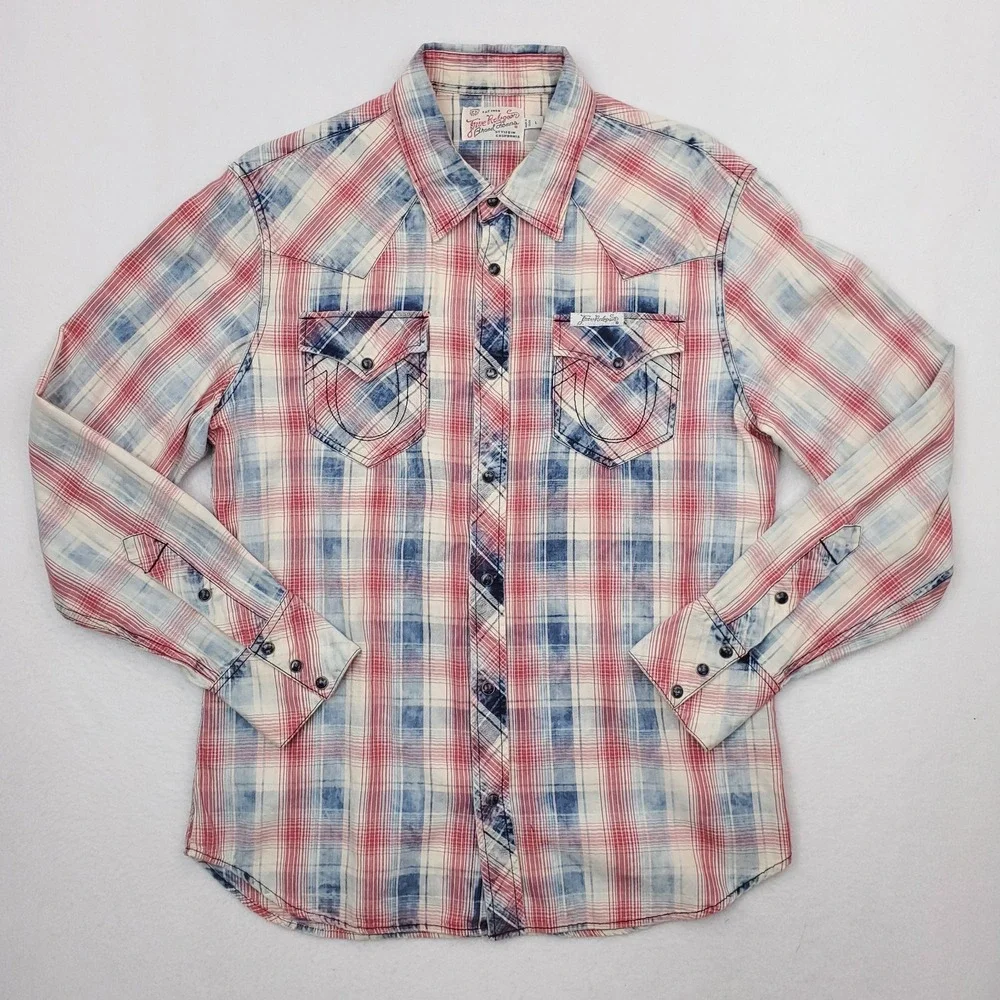 True Religion Shirt Men Large Red White Blue Plaid Western Pearl Snap Y2K Cowboy