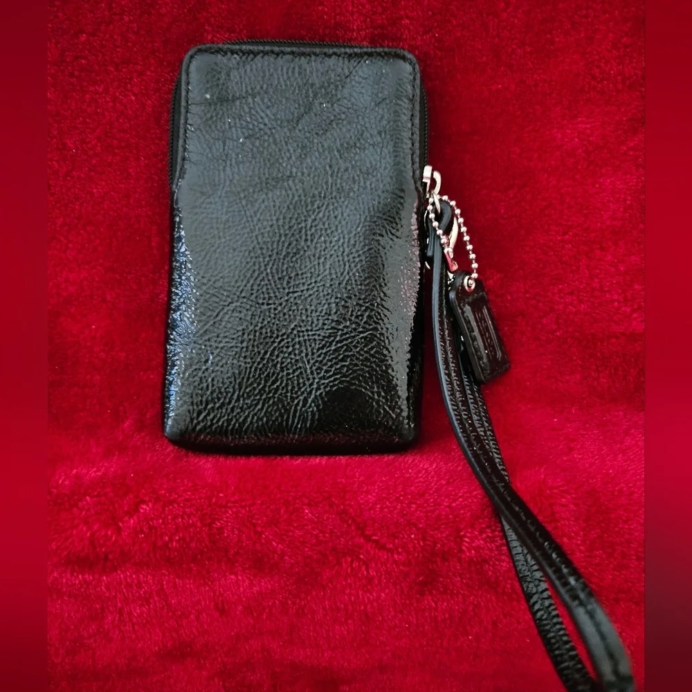 Coach Black Patent Leather Wristlet with Silver Logo