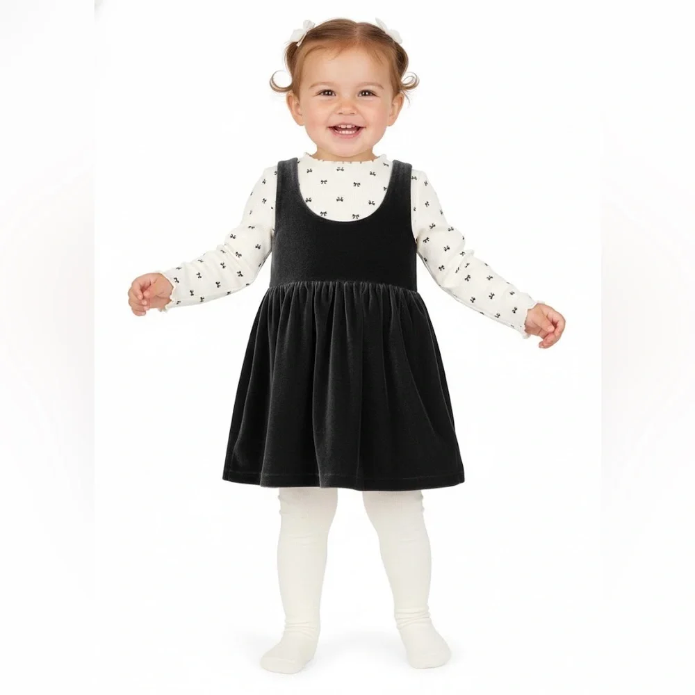 Carter’s Adorable Black Dress With White Long Sleeve Toddler Girl Set 3 Pieces