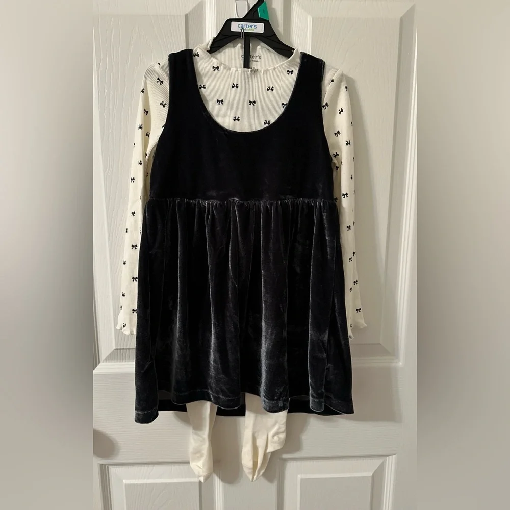 Carter’s Adorable Black Dress With White Long Sleeve Toddler Girl Set 3 Pieces