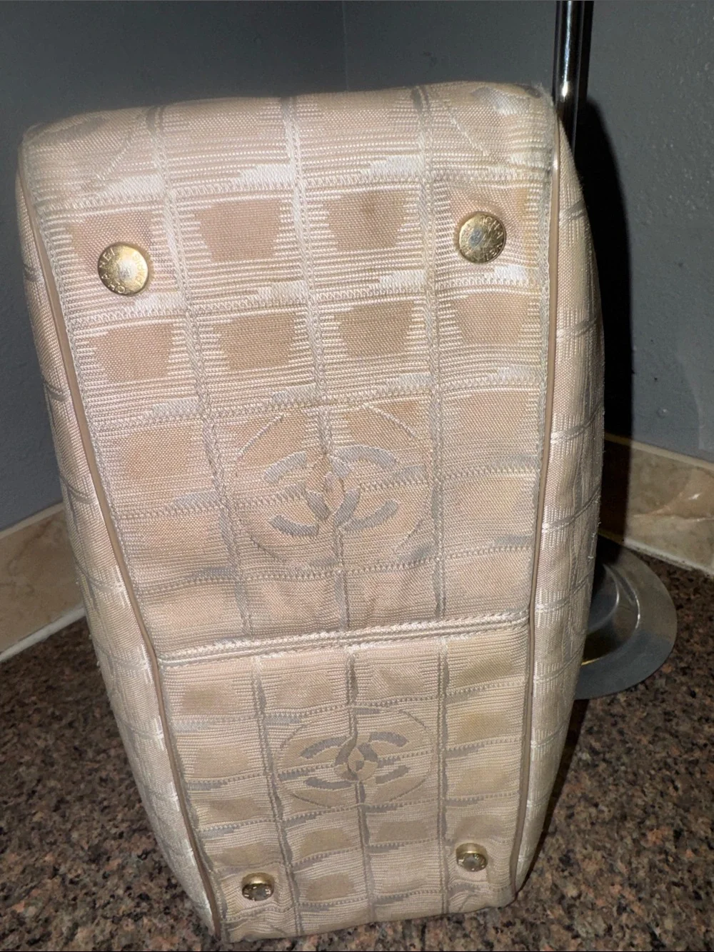 CHANEL cream travel line Jacquard Tote (small) EUC