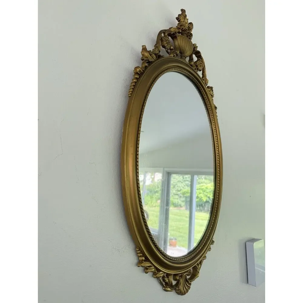 Vintage Syroco Gold Wall Mirror Ornate Floral Hollywood Regency Oval 31x16”