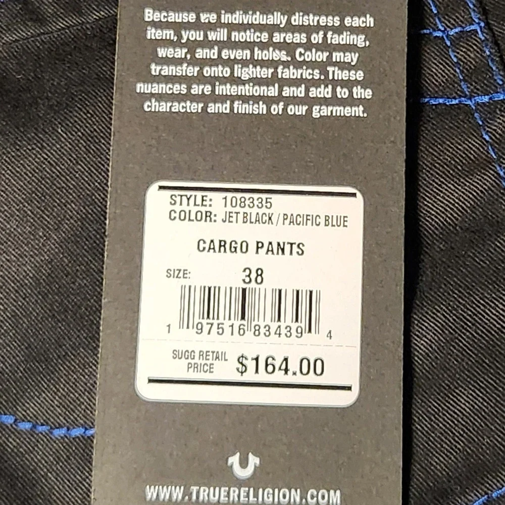 True Religion Cargo Pants Mens Black Blue Contrast Stitch Utility Workwear