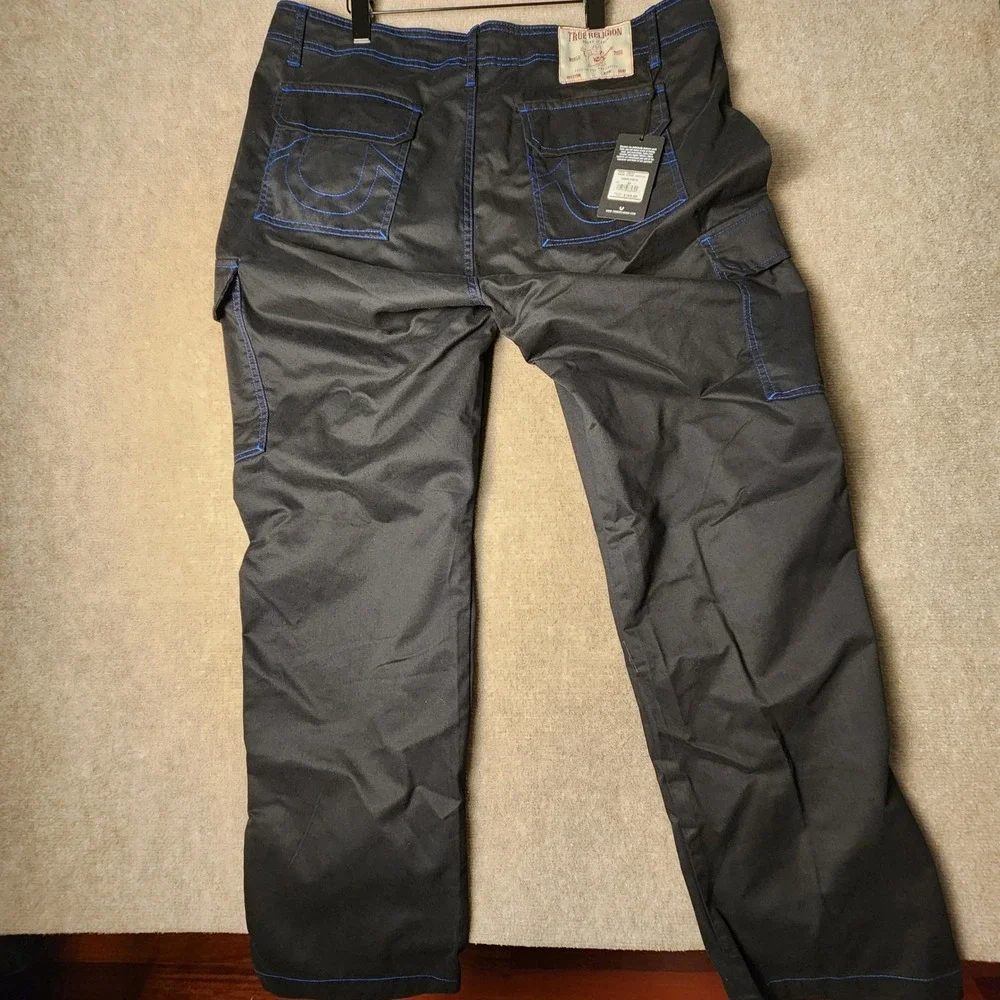 True Religion Cargo Pants Mens Black Blue Contrast Stitch Utility Workwear
