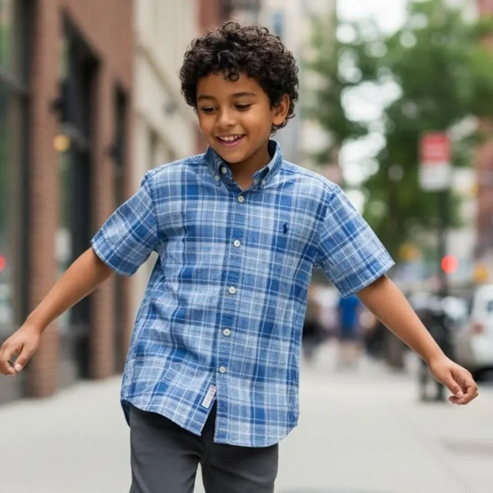 Stylish RALPH LAUREN Boys Blue Plaid Short Sleeve Dress Shirt - Size: Small/8