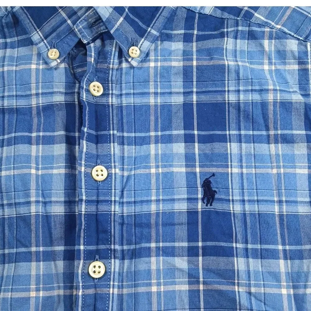 Stylish RALPH LAUREN Boys Blue Plaid Short Sleeve Dress Shirt - Size: Small/8