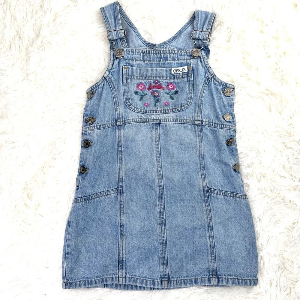 Vtg 90s Cherokee Denim Overall Dress Girls Size 6 Embroidered Floral Cottagecore