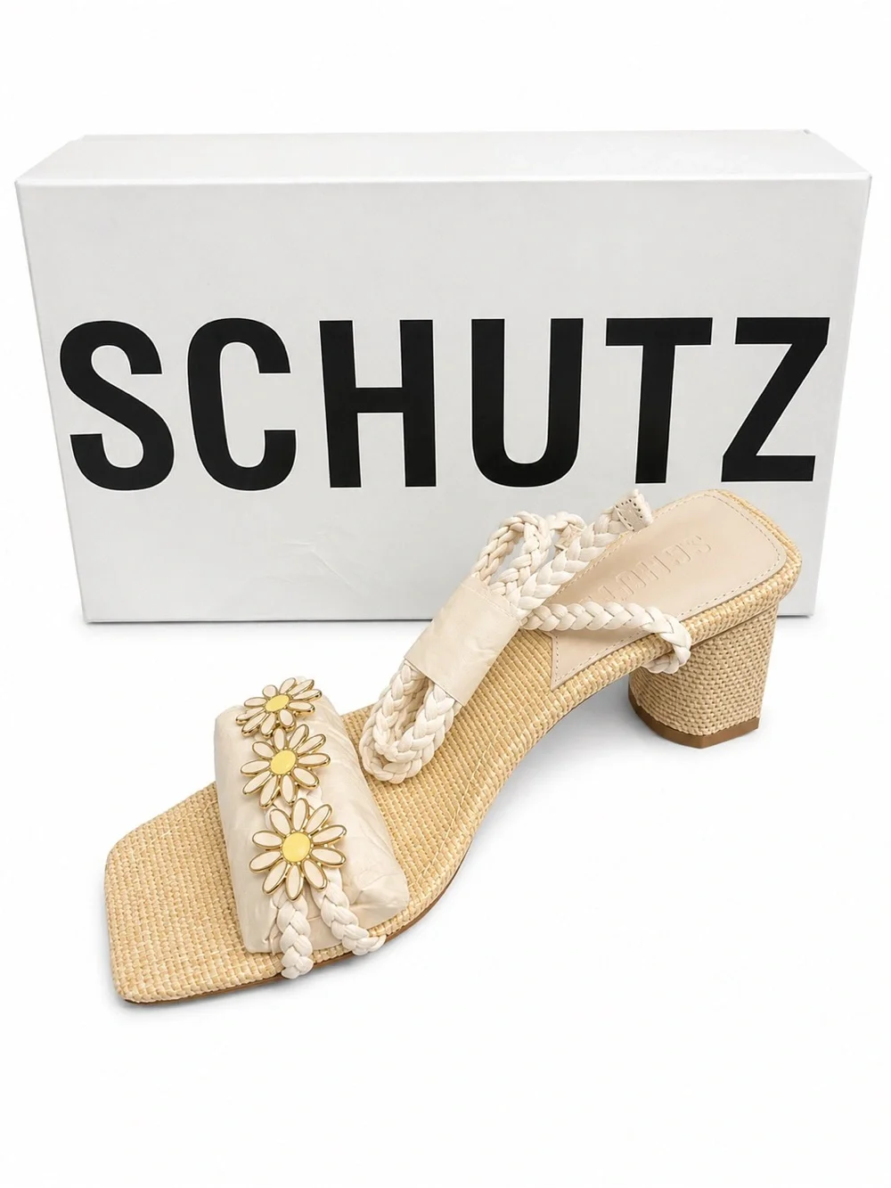 SCHUTZ HINA White Braided Ankle Tie Block Heel Mule Yellow Daisy Accents NIB