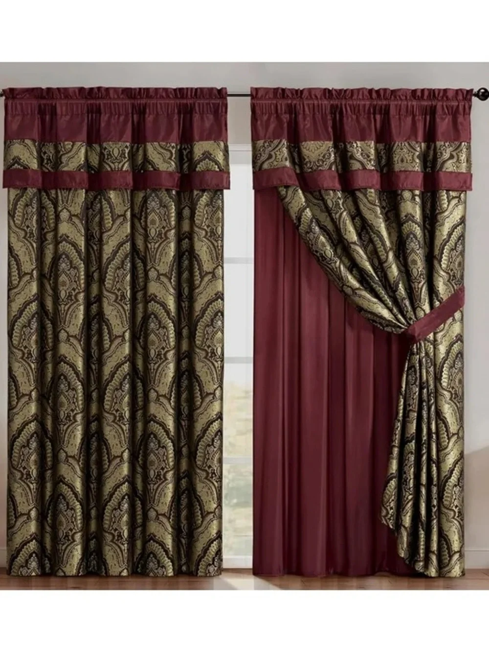 Burgundy and Gold Damask Window Curtain Panel Set