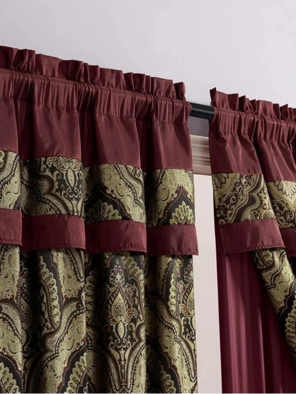Burgundy and Gold Damask Window Curtain Panel Set