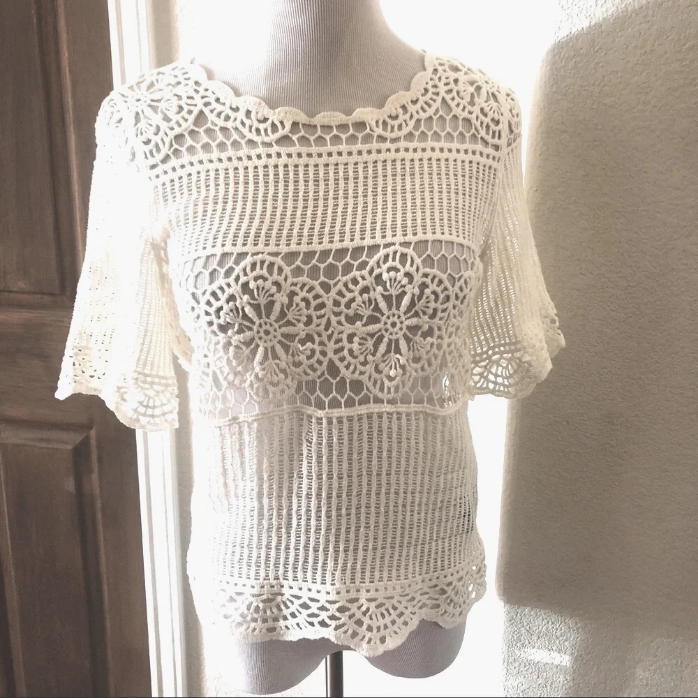 Anthropologie Crochet Top Open Knit Lacey XS Beachy James Coviello Off White NEW