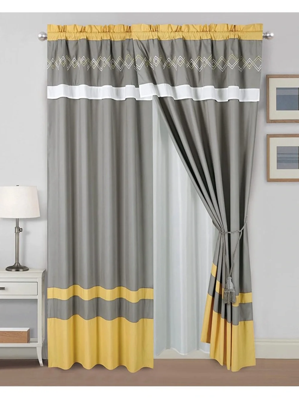 Gray and Yellow Window Curtain Panel set -